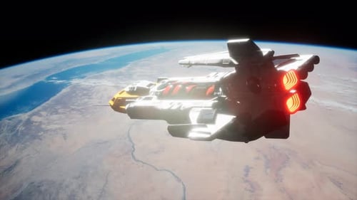 Futuristic Spaceship Flying Over Earth in Space