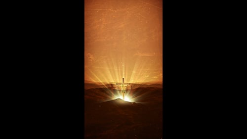 Radiant Golden Cross on Hill with Divine Light Rays