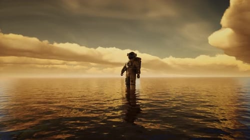 Spaceman in the Sea Under Clouds at Sunset