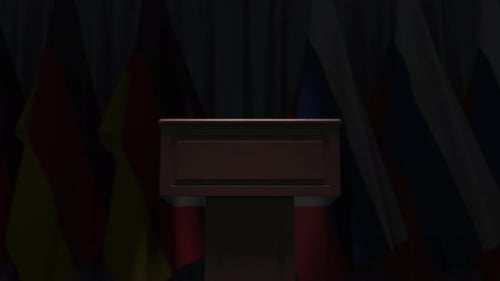 Flags of Russia and Germany and Tribune