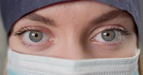 Close-up. Eyes of a Female Face with the Protective Mask..