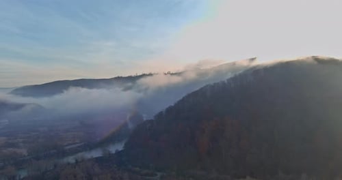 Misty Autumn Mountain Forest Landscape in the Morning
