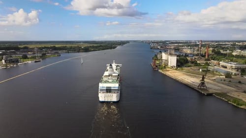 Cruise ship on the river aerial view