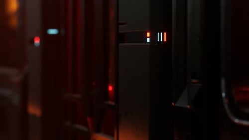 Futuristic Dark Data Center with Metal and Lights