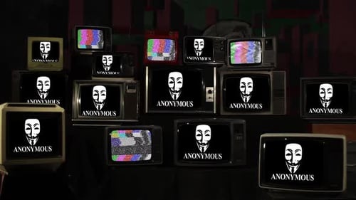 TVs vintage mostrando símbolo de movimento anônimo