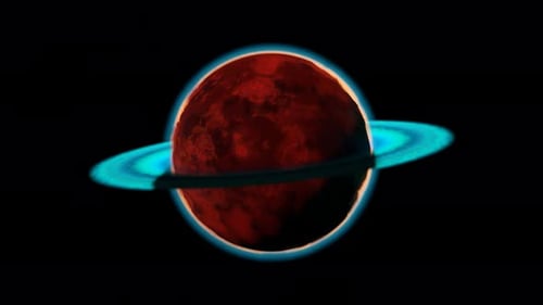Alien red planet with a glowing blue ring system in black empty space. 4K HD