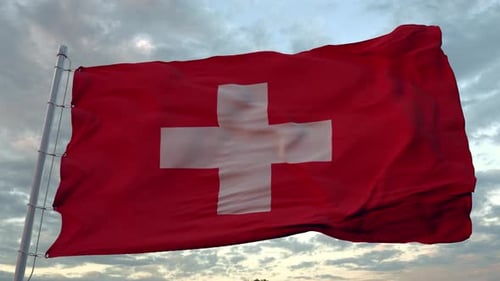 Swiss Flag Waving Seamless Loop against Cloudy Sky
