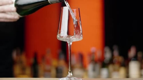 Barman serve vinho espumante na taça de vinho no balcão do bar em câmera lenta, Full 240 Fps Prores