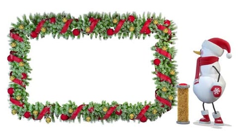 Snowman Congratulates And Points To The New Years Screen on White Background