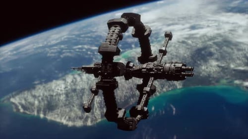 Futuristic Space Station Orbiting Earth in Dark Space