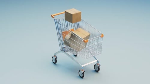 Animation of packages falls into a cart. Concept of shopping and shipping. Buy.