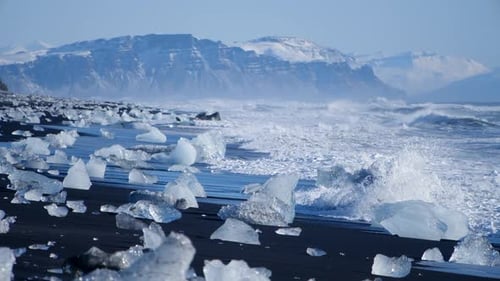 Ocean Waves Washed Icebergs. Global Warming Problem