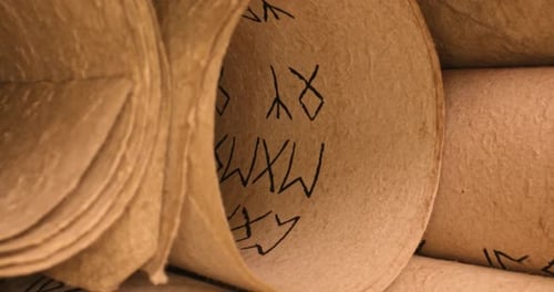 Old scribe library. Restro futhpak scrolls stacked on a pile.