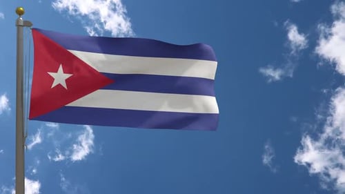Cuban Flag Waving on Pole Against Blue Sky