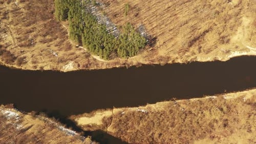 Aerial View Curved River In Early Spring Landscape