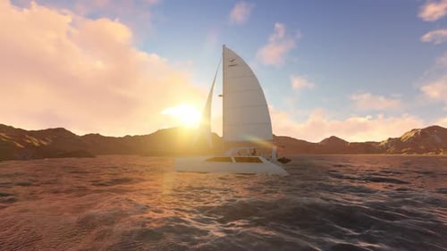 Animated Catamaran Sailing in Ocean at Sunset