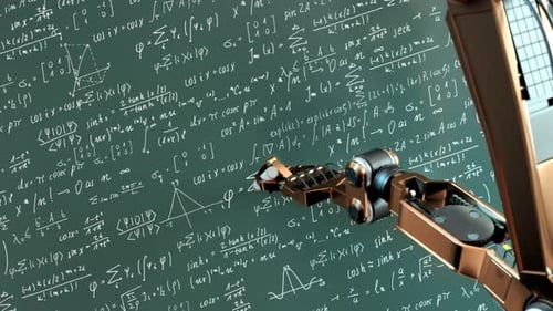 Futuristic robot writing on the green board complicated mathematical formulas.
