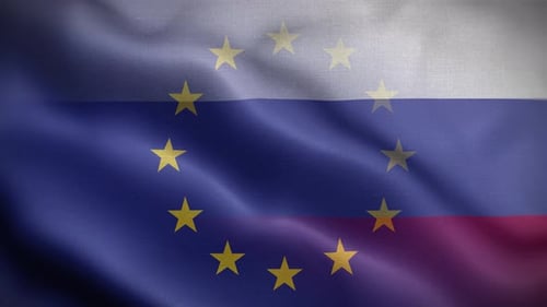 Russia and EU Flags Waving in Fabric Texture Animation