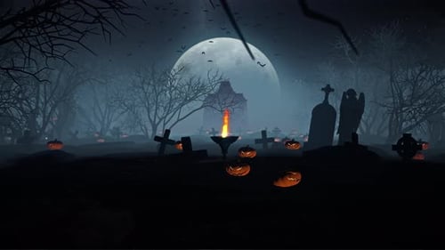 Spooky Halloween Graveyard Loop with Pumpkins and Full Moon