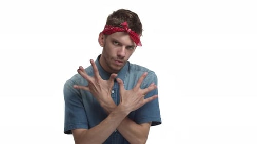 Man Signing with Red Bandana on White Background