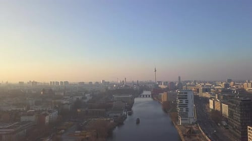 AERIAL: Over Berlin Spree River in Beautiful Sunlight