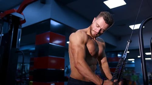 Muscular Man Training Triceps in a Modern Gym