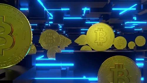 Digital Cryptocurrency Bitcoin Coins Flying Through Neon Technology Network