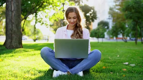 Businesswoman Sitting Grass Summer Park Using Laptop Business Person Working Remote