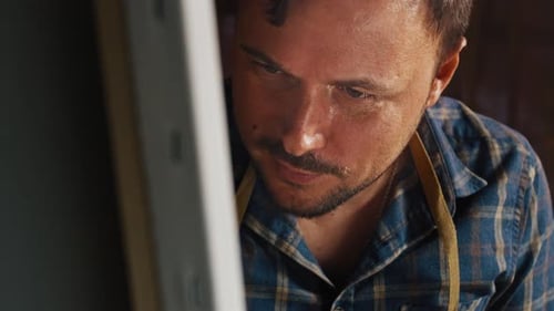 Close Up Portrait Man Sketching Design Artist with Brush