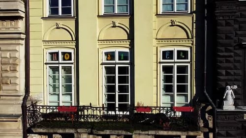 Facade of a European city building. Elements of architecture. Aerial drone view.
