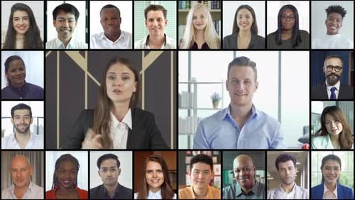 Portrait of multi ethnic group of business people working from home and office, talking