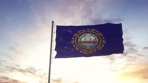 New Hampshire State Flag Waving at Sunrise Sunset