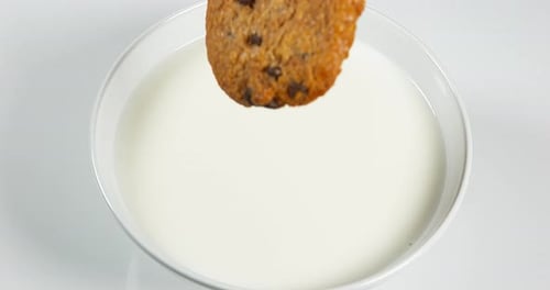 Chocolate Chip Cookie Splashing Into Milk Bowl