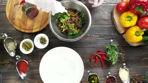 Preparing Vibrant Salad with Fresh Vegetables Overhead Shot