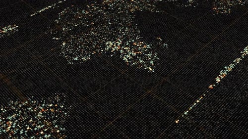 Abstrakte Animation der Weltkarte auf einem digitalen Bildschirm, der aus winzigen Figuren besteht