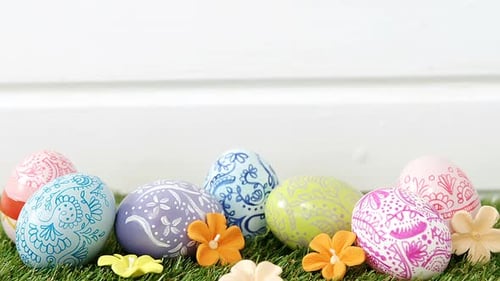 Festive Easter Eggs with Colorful Decorations and Flowers