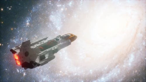 Futuristic Spaceship Flying Towards a Bright Spiral Galaxy