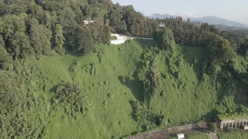 Aerial view of Green cape and Botanical garden of Batumi at sunset. Georgia 2021