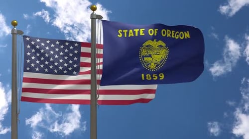 Usa Flag Vs Oregon State Flag On Flagpole