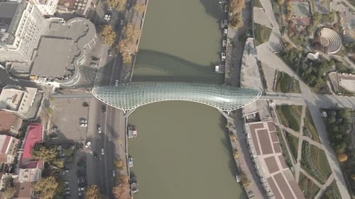 Aerial view of Tbilisi city central park and Bridge of Peace