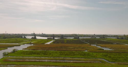 Old Dutch Wooden Windmills of Zaanse Schans, Aerial view.