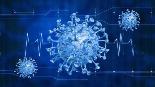 Rotating 3D Virus Cell with Futuristic Medical Data Background