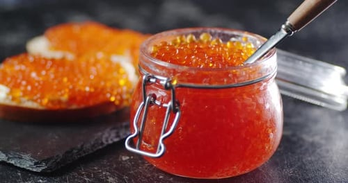 Red Caviar Close Up in Glass Jar