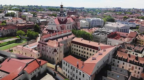 Fly Over Historical Buildings In Lithuanai Capital Vilnius