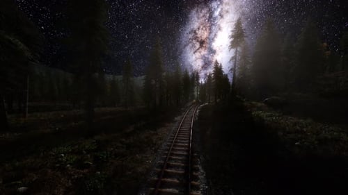Die Milchstraße über Eisenbahn und Wald