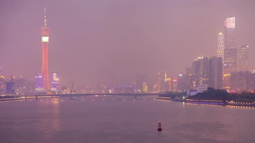 Guangzhou river sunset timelapse with fog