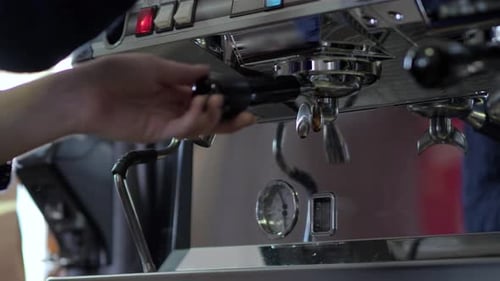 Espresso Coffee From Machine. Close Up Footage.