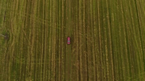 Aerial View at Red Car Moves Slowly Along Ground Road Crossing Harvested Fields