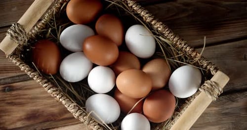 Tray with Raw Eggs Slowly Rotates on Table.