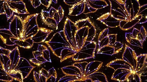 Elegant Gold and Blue Glitter Floral Outlines Seamless Loop Background